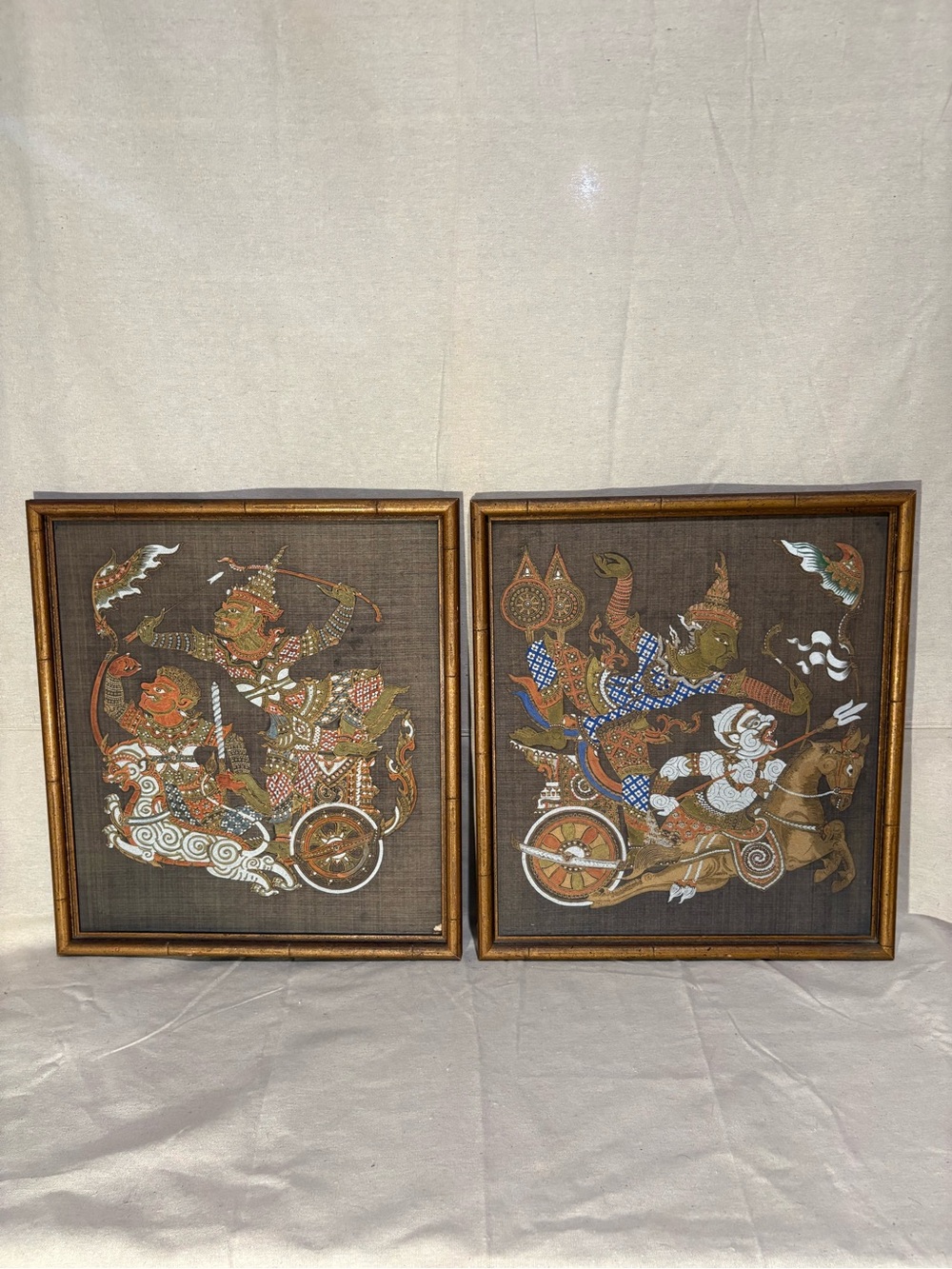 Pair of Framed Thai Traditional Silk Art Panels